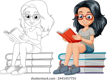 Colorful vector of girl reading atop a book stack