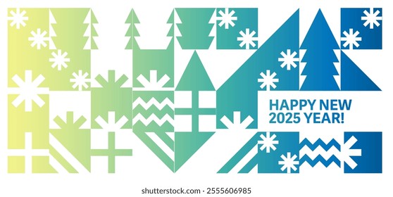 Colorful vector gradient New Year card for 2025 featuring festive shapes and patterns, ideal for sending greetings, sharing online, or holiday décor.