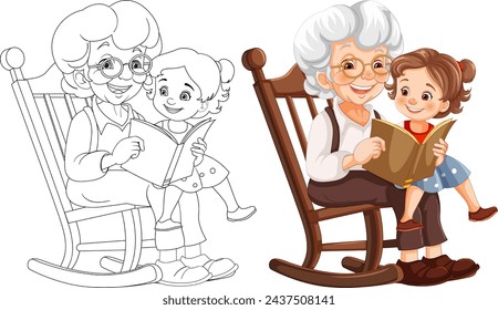 Colorful vector of grandma and child sharing a book