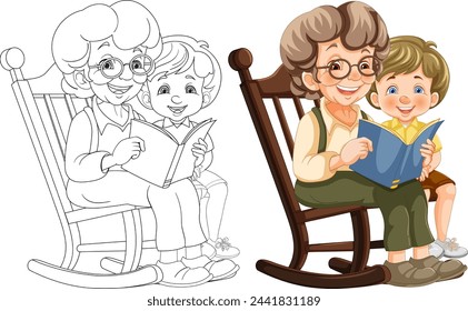 Colorful vector of grandma and child sharing a book