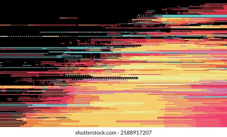 A colorful vector graphic background of horizontal digital glitch lines on a black. vector illustration. pixel art retro video game style.