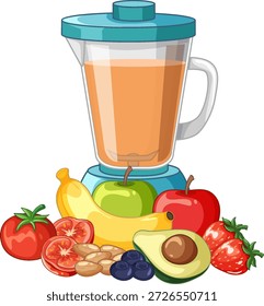 Eine bunte Vektorgrafik eines Mischers, umgeben von frischem Obst, Gemüse und Nüssen