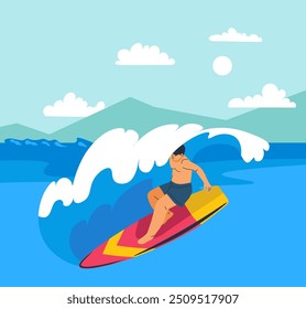 A colorful vector graphic depicting a surfer riding a large wave. Suitable for surf culture, sports, and beach-themed designs.