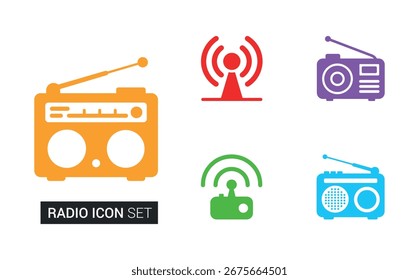 Un gráfico de Vector colorido representa un conjunto de radios retro e íconos de señal inalámbrica, con diseños amarillos, rojos, púrpuras y azules sobre un fondo blanco.