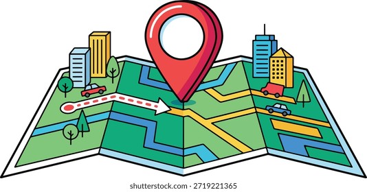 Colorido Diseño gráfico de Vector con un pin de ubicación que apunta a un lugar en un mapa de papel detallado con horizontes de la ciudad y vehículos en movimiento. Concepto de sistemas modernos de posicionamiento global (GPS) y encontrar la ruta de viaje o destino correcto.