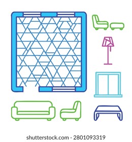 A colorful vector graphic featuring a collection of furniture icons including a sofa, chair, table, lamp, and window in green, blue, and pink on a pure white background