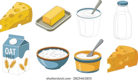 A colorful vector graphic icon set featuring a variety of dairy products and plant-based alternatives. 