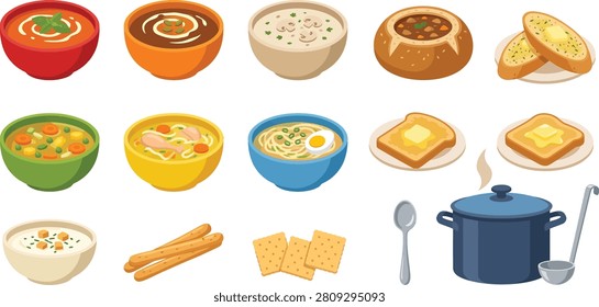 Colorful vector graphic illustration set featuring various hot soups bowls bread slices crackers a cooking pot and kitchen utensils