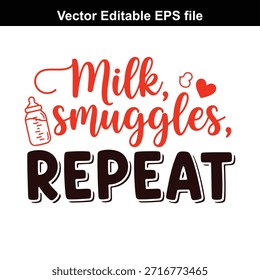 Gráfico de Vector colorido con texto rojo y negro que dice que los contrabando de leche se repiten con un biberón y un corazón sobre un fondo blanco