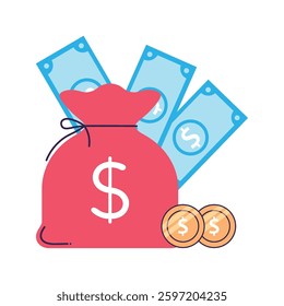 Colorful vector graphic of a red money bag with dollar sign, paper bills, and gold coins representing wealth, savings, and finance.
