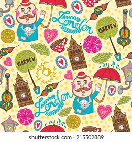Colorful Vector Graphic seamless pattern with London's symbols.