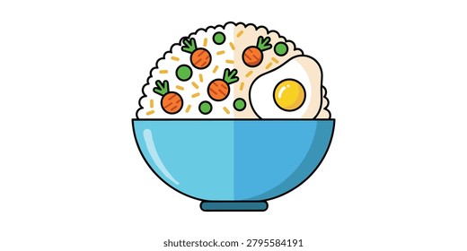 A colorful vector graphic showing a blue bowl filled with fried rice, topped with a fried egg and fresh vegetables