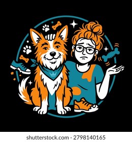 A colorful vector graphic showing a happy orange dog next to a tired woman covered in mud stains with scattered bones and ruined sneakers in a circular frame