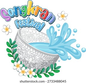Colorful vector graphic of a traditional Thai silver bowl splashing water with frangipani flowers