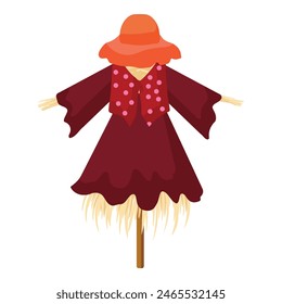 Colorful vector graphic of a whimsical scarecrow wearing a red dress and hat
