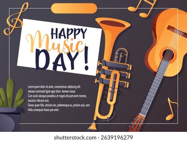 Colorful vector greeting with trumpet and guitar. Ideal for event flyers, presentations, music blogs, or creative content on Music Day.
