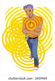 the colorful vector guy over the yellow shapes background