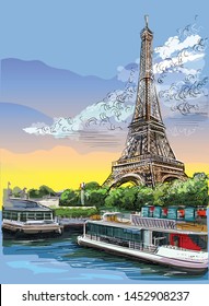 Colorful vector hand drawing Illustration of Eiffel Tower, landmark of Paris, France. Cityscape with Eiffel Tower, view on Seine river embankment. Colorful vector hand drawing illustration.