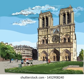 Colorful vector hand drawing Illustration of Notre Dame Cathedral (Paris, France). Landmark of Paris. Cityscape with Notre Dame Cathedral. 