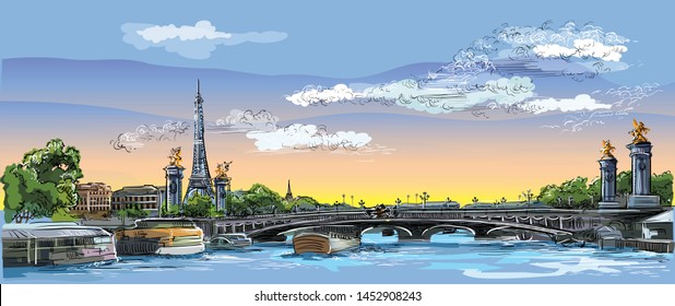 Farbige Vektorgrafik Illustration des Eiffelturms, Wahrzeichen von Paris, Frankreich. Panoramablick auf die Stadt mit Eiffelturm und Pont Alexandre III, Blick auf das Seine-Ufer.