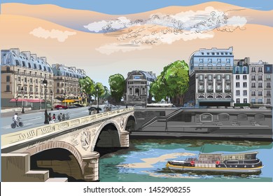 Colorful vector hand drawing illustration of Pont Saint Michel bridge, landmark of Paris, France. Cityscape with Saint Michel bridge and Paris street. Colorful vector illustration, cityscape of Paris.