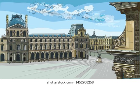 Colorful vector hand drawing illustration of museum, landmark of Paris, France. Cityscape with museum. Colorful vector illustration, cityscape of Paris.