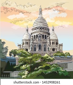 Colorful vector hand drawing Illustration of Montmartre, landmark of Paris, France. Cityscape with basilica Sacre Coeur. Colorful vector illustration, cityscape of Paris.
