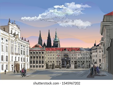 Colorful vector hand drawing Illustration of Hradcany square. The Central gate of the Hradcany Castle.
Landmark of Prague, Czech Republic. Vector olorful illustration of landmark of Prague.
