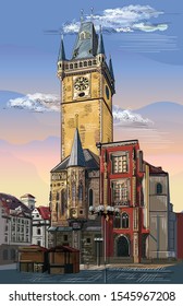 Colorful vector hand drawing Illustration of Old Town Hall in Prague. Landmark of Prague, Czech Republic. Vector illustration of landmark of Prague.
