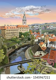 Colorful vector hand drawing Illustration of panoramic cityscape of Cesky Krumlov. Aerial View on roofs, castle and river. Landmark of Czech Republic. Colorful vector illustration.
