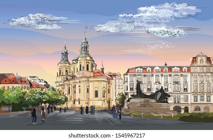 Colorful vector hand drawing Illustration. Cityscape of St. Nicholas church and Jan Hus Memorial. 
Landmark of Prague, Czech Republic. Colorful vector illustration of landmark of Prague.
