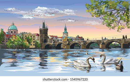 Colorful vector hand drawing Illustration Cityscape of Charles Bridge and swans in Vltava river in Prague. Landmark of Prague, Czech Republic. Colorful vector illustration of Landmark of Prague.
