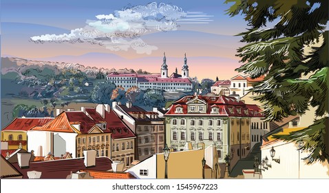 Colorful vector hand drawing Illustration of panoramic cityscape of Prague. Strahov Monastery and roofs of Prague. Landmark of Prague, Czech Republic. Colorful vector illustration.
