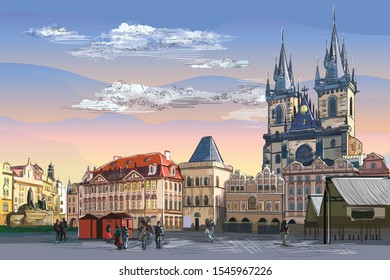 Colorful vector hand drawing Illustration. Cityscape of Old Town Square and Tyn Church. 
Landmark of Prague, Czech Republic. Vector illustration of landmark of Prague.
