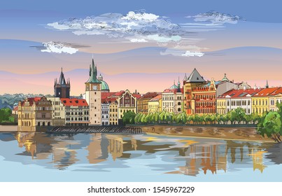 Colorful vector hand drawing Illustration of Prague old city panorama with river Vltava. Landmark of Prague, Czech Republic. Vector illustration of landmark of Prague.
