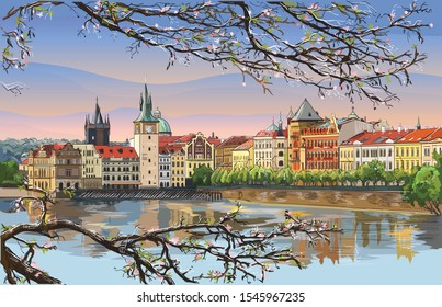 Colorful vector hand drawing Illustration of Prague old city panorama with blossom tree, river Vltava. Landmark of Prague, Czech Republic. Vector illustration of landmark of Prague.
