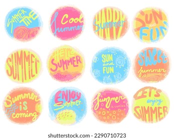 Ilustración colorida del dibujo de la mano vectorial con letras. Conjunto de composiciones de círculo. Fondo para fondos de pantalla, impresiones, tarjetas, carteles. Fondo blanco aislado. Hola verano, sol y diversión, disfrutar