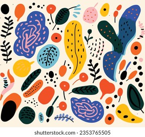 Colorful Vector Hand Drawn Botanical Pattern Background From Vectors, in the Style of Joan Miro, Irregular Shapes, Free Brushwork, Floral, Whimsical Character Design, Layered Textures, Shapes