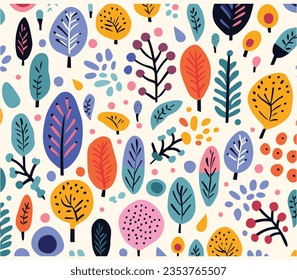 Colorful Vector Hand Drawn Botanical Pattern Background From Vectors, in the Style of Joan Miro, Irregular Shapes, Free Brushwork, Floral, Whimsical Character Design, Layered Textures, Shapes