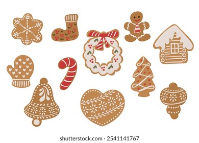 Colorful vector hand drawn Christmas gingerbreads set. Different kind of holiday cookies isolated on white background. Holiday flat design for Christmas decoration and stickers