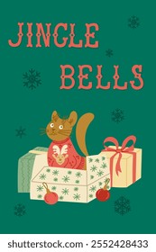 Colorful vector hand drawn Christmas card with cat in holiday sweater with gifts, ornaments, snowflakes, and Jingle Bells slogan on green background. Perfect for holiday cards and seasonal designs