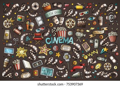 Colorful vector hand drawn Cinema Doodle cartoon set of objects and symbols