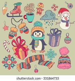 colorful vector hand drawn cute cartoon Icons  for  New Year and Christmas theme Christmas on grey background