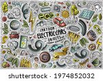 Colorful vector hand drawn doodle cartoon set of Electric cars theme items, objects and symbols
