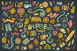 Colorful Vector Hand Drawn Doodle Cartoon Set Of Hippie Objects And Symbols