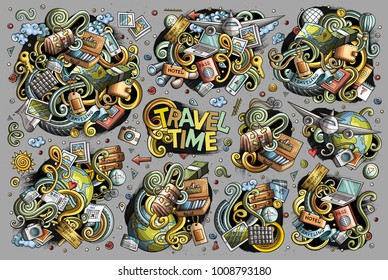 Colorful vector hand drawn doodle cartoon set of travel planning theme items, objects and symbols. All objects separate.