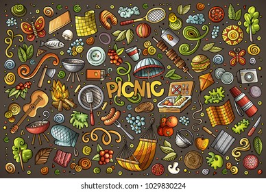 Colorful Vector Hand Drawn Doodle Cartoon Set Of Picnic Objects And Symbols