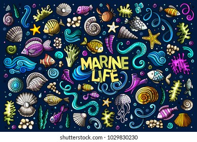 Colorful vector hand drawn Doodle cartoon set of marine life objects and symbols