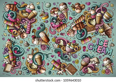 Colorful vector hand drawn doodle cartoon set of ice-cream objects and symbols. All objects separate.