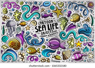 Colorful vector hand drawn doodle cartoon set of Sea Life theme items, objects and symbols